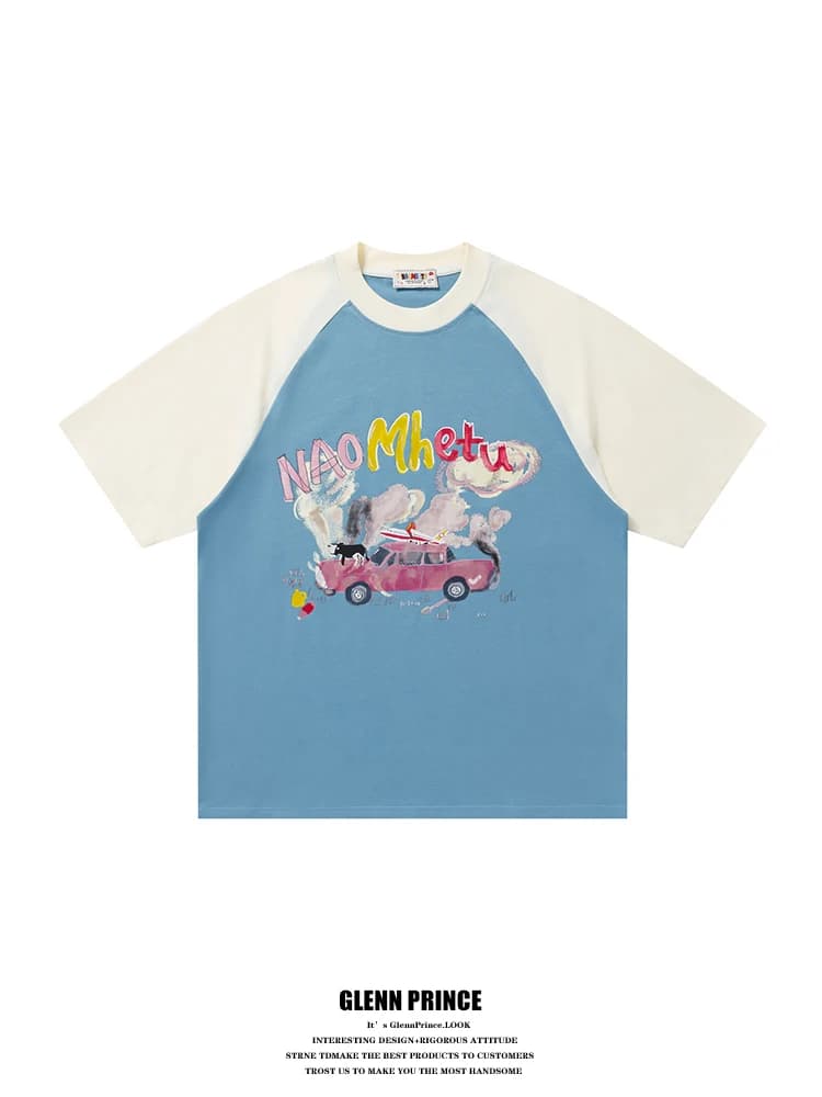 GPstudio American Retro Color Block Graffiti Print Short Sleeve T-Shirt Men's Dopaamine Summer Top Cotton Loose Fit round Neck