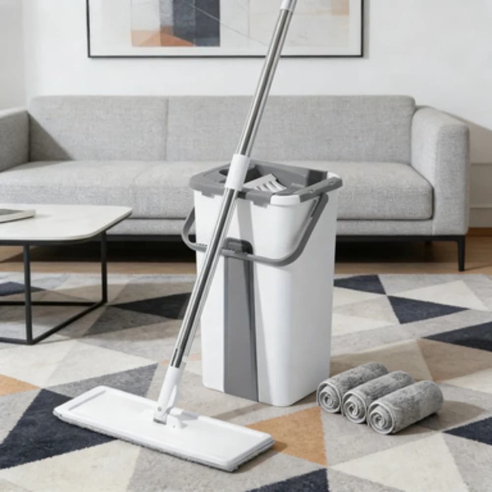 Set Mop Rotante con Secchio e Strizzatore, Sistema di Pulizia Pavimenti con 3 Panni in Microfibra Lavabili per Uso Umido e Asciutto su Tutti i Tipi di Pavimento