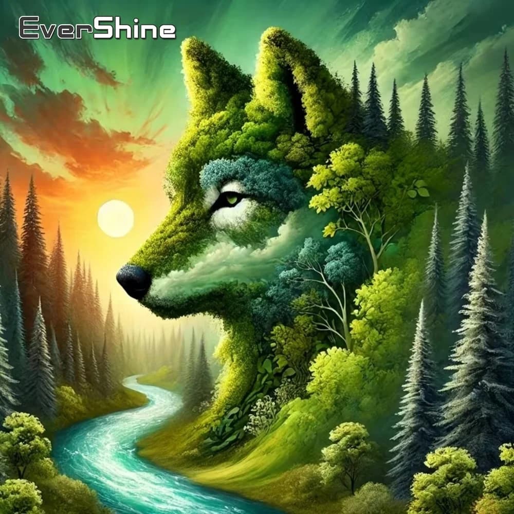 EverShine Kit Pittura Diamante Fai da Te, Mosaico di Diamanti con Strass, Ricamo Astratto Lupo Animale, Immagine Albero e Fiume, Regali per le Feste