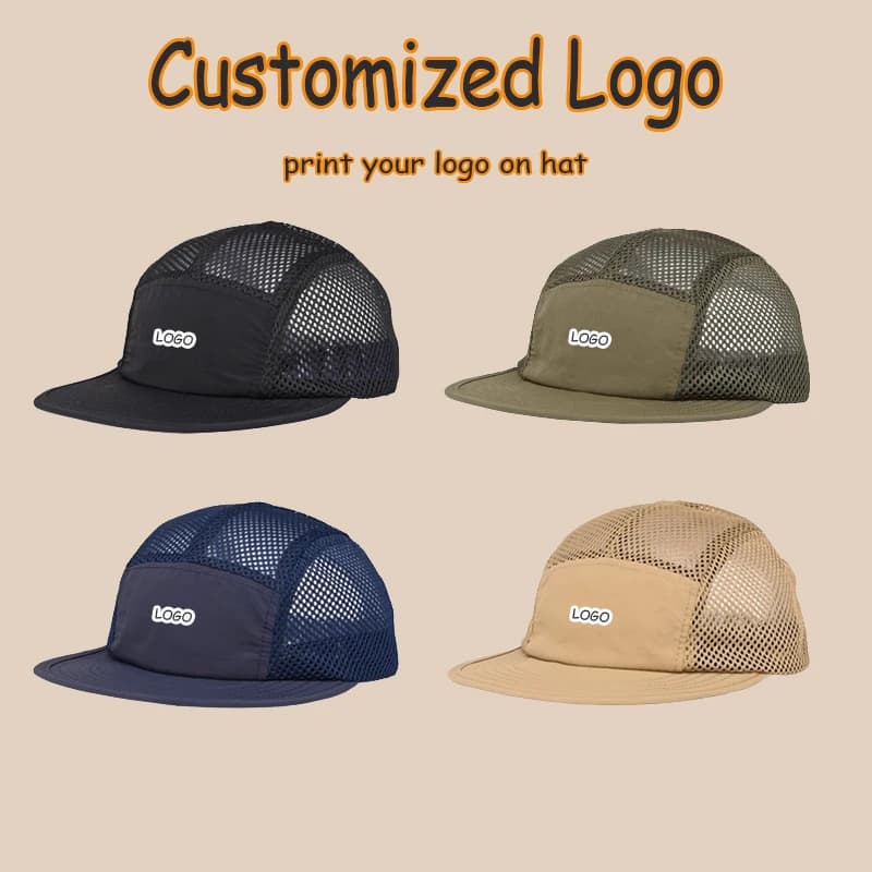 Logo personalizzato Stampa giapponese Uomo Donna Utensili Tesa piatta Berretto in rete a 5 pannelli Berretto da baseball estivo sottile e traspirante ad asciugatura rapida
