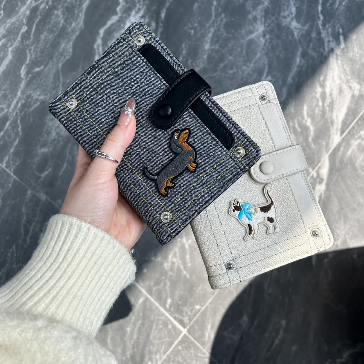 Cartoon Embroidered Passport Holder Denim PU Leather Travel Document Organizer for Cards Cash Storage