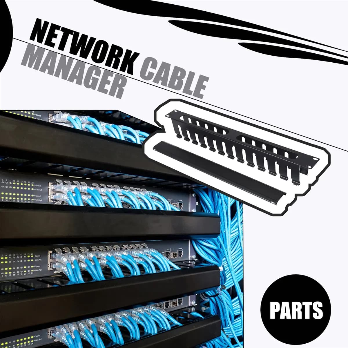 BAAE 1U Gestione Cavi Orizzontale per Rack Server da 19 Pollici, Organizzatore di Cavi a 12 Slot in Metallo con Copertura
