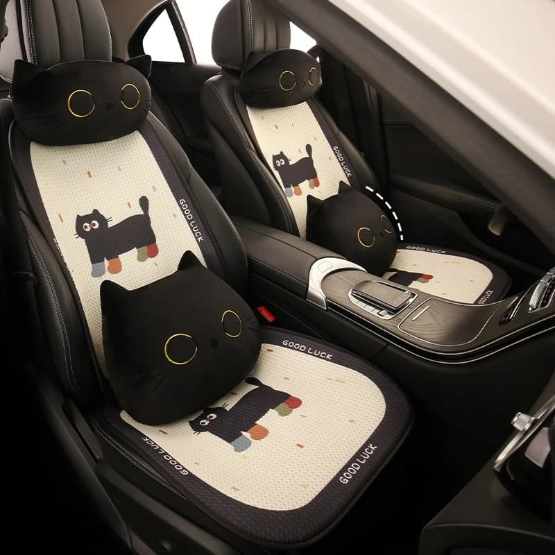 Four Seasons Universal Car Seat Pillow Covers for Cats Cute Cardboard Four Seasons Interior Accessories for Car with Lumbar Support for Black Cats