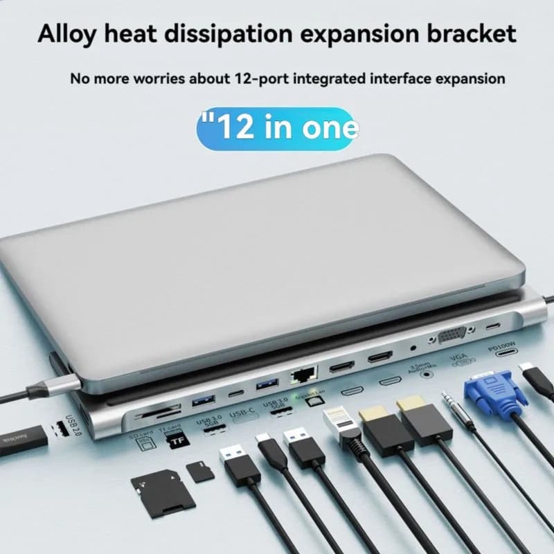 Super Sale USB-C Hub 12-in-1 Docking Station, 4K HDMI-Compatible VGA Gigabit Ethernet, PD 100W, SD/TF Card Reader, USB 3.0 Adapt