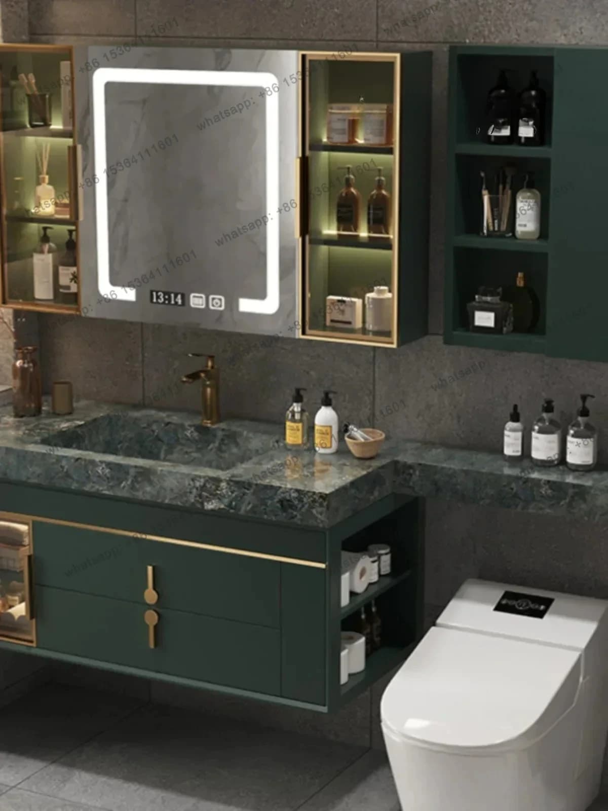 Mobile da bagno in ardesia combinato lavabo da bagno di lusso leggero semplice armadio a specchio intelligente in rovere verde scuro