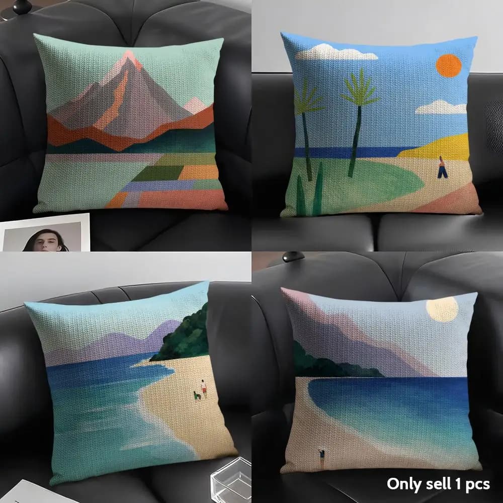 Summer Surf Beach Cushion Cover Breathable Linen Organic Fabric Double-Sided Printing Sofa Pillow Case Home Decor