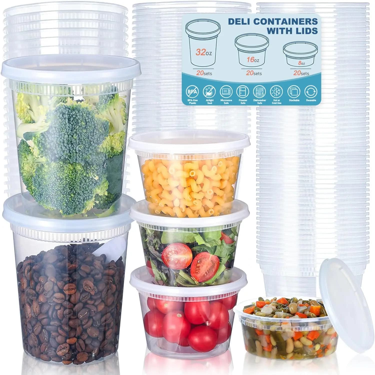 24 Piece Deli Food Containers With Covers, 8 ounces plastic food containers, 16 ounces, 32 ounces freezer containers, without BPA
