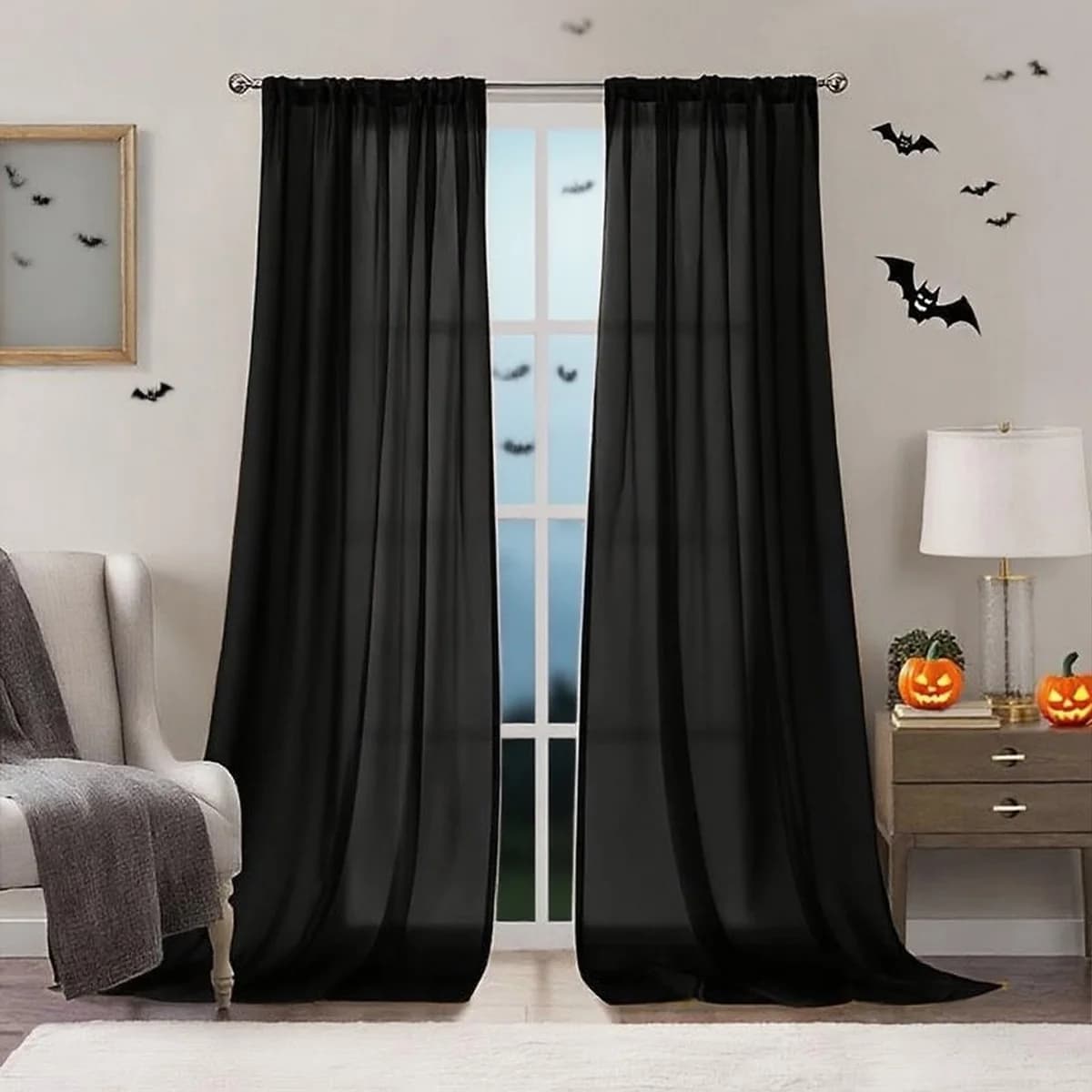 Halloween Ghost Day Holiday Celebration Decoration Orange Black Gauze Threaded Bar Curtain Sheet for Living Room Bedroom Window