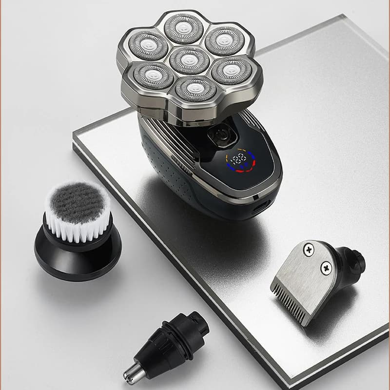 Rasoio Elettrico a 7 Lame Impermeabile per Testa Calva con Display Digitale, Kit 5-in-1 Magnetico per la Cura della Barba da Uomo