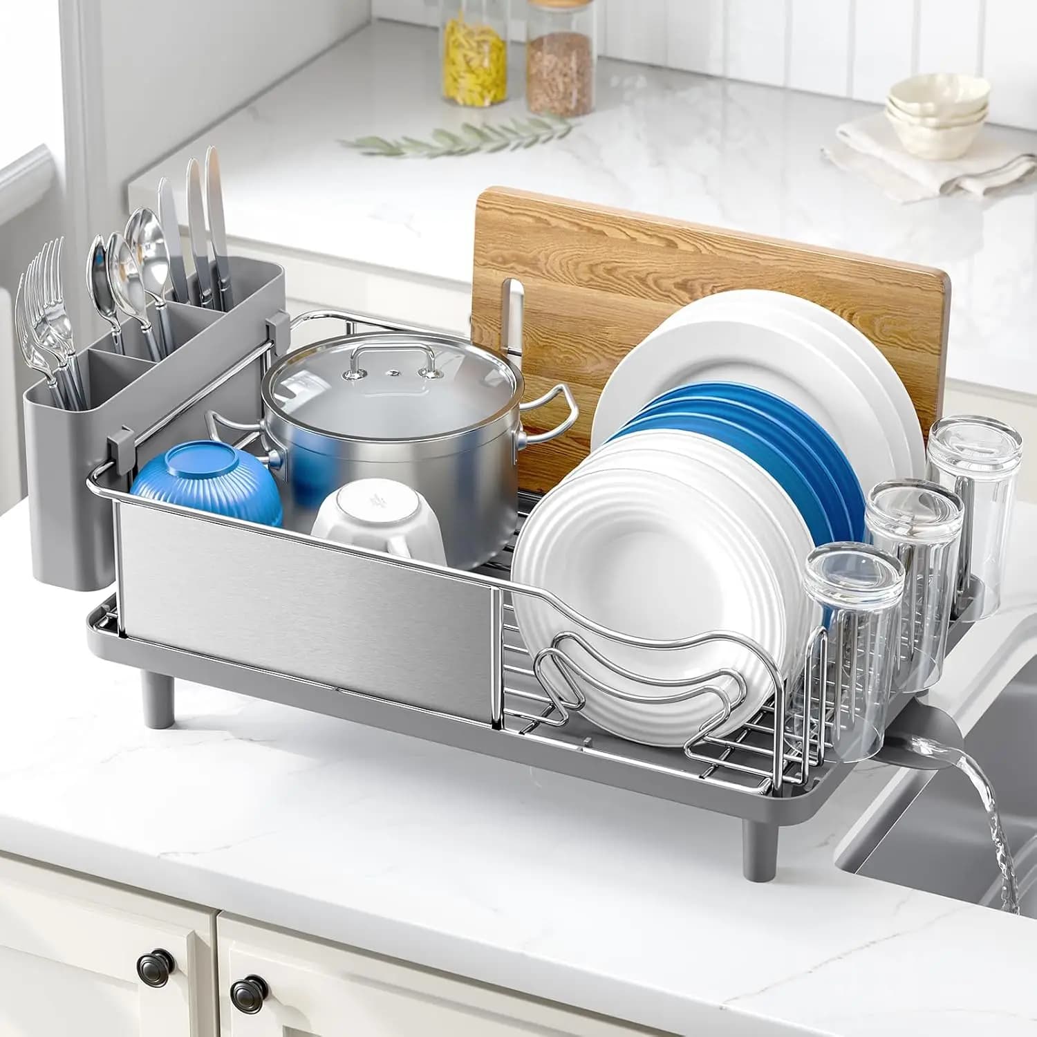 Grande Scolapiatti in Acciaio Inossidabile con Vassoio Raccogligocce, Porta Utensili e Ripiano per Tazze - Organizzatore da Cucina Antiruggine