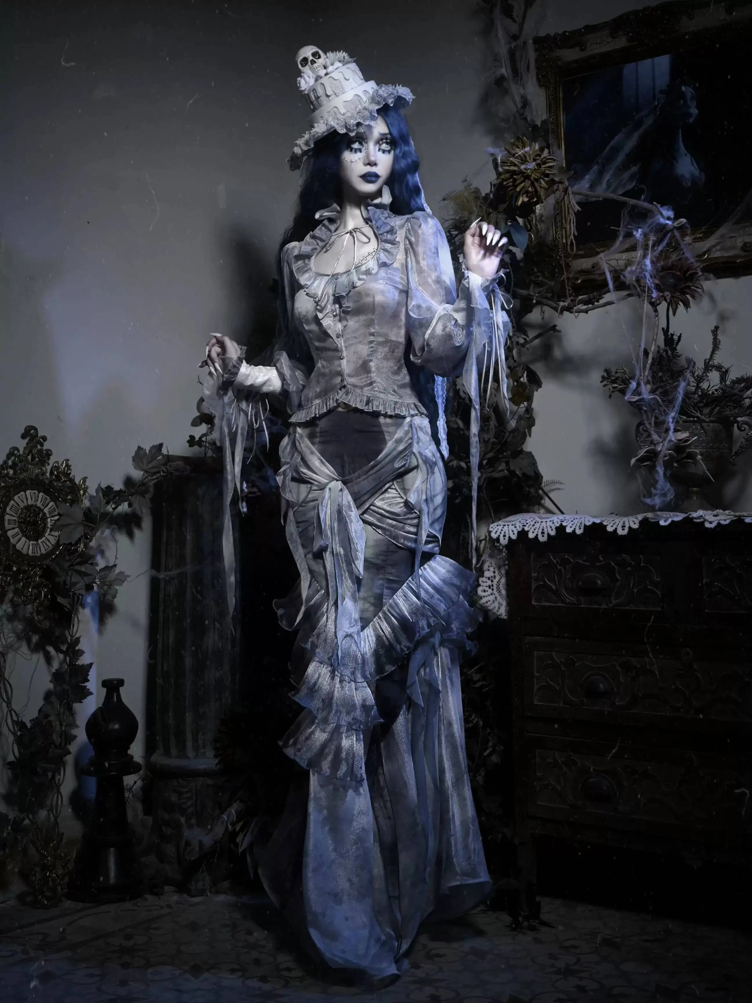 Camicetta Gotica in Rete Trasparente Stile Corpse Bride con Maniche a Sbuffo e Volant per Feste di Halloween, Top in Stile Europeo per l'Autunno