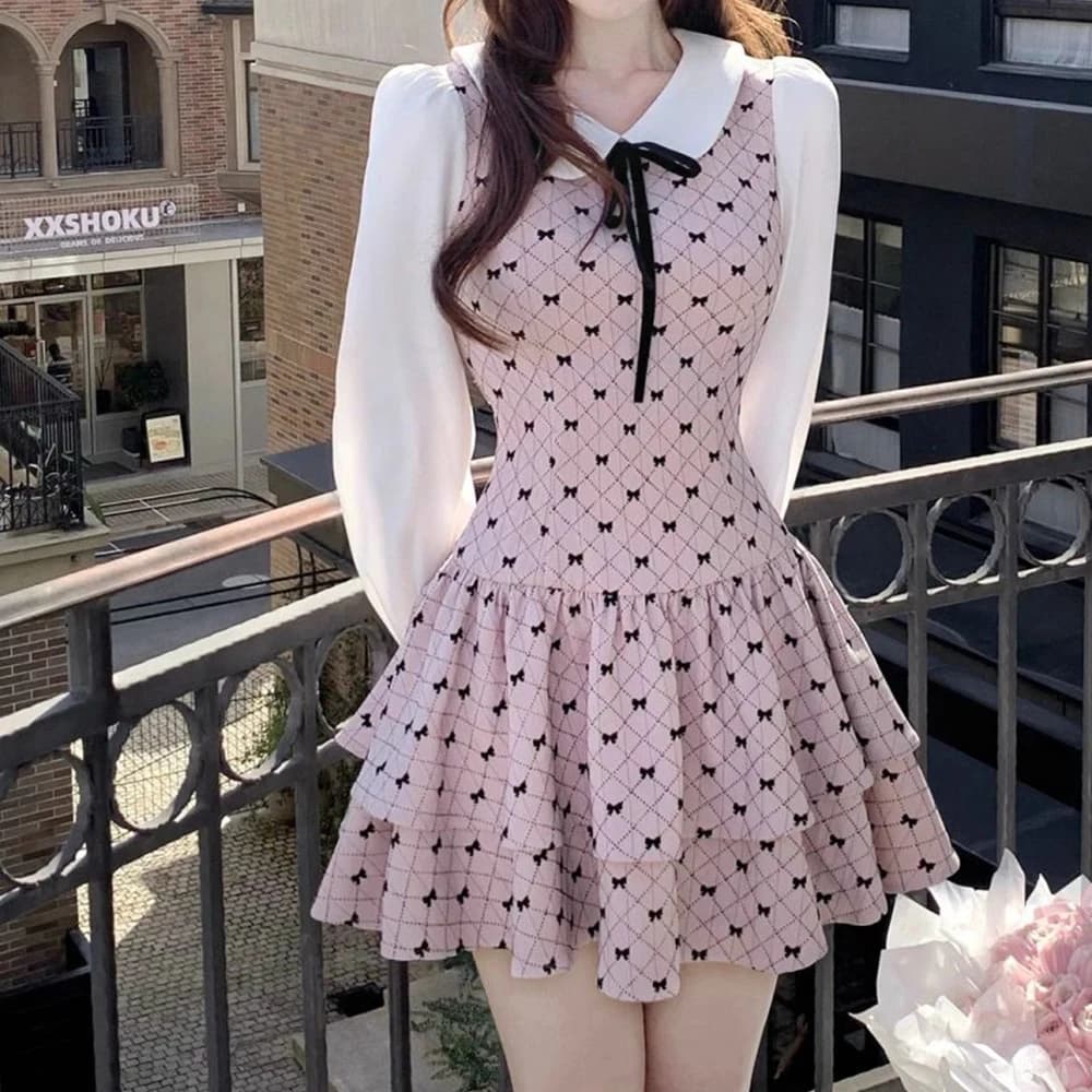 Regalo per ballerina/figlia carina: vestito a pendolo rosa con motivo a torta e ombrello, stile college, finto due pezzi