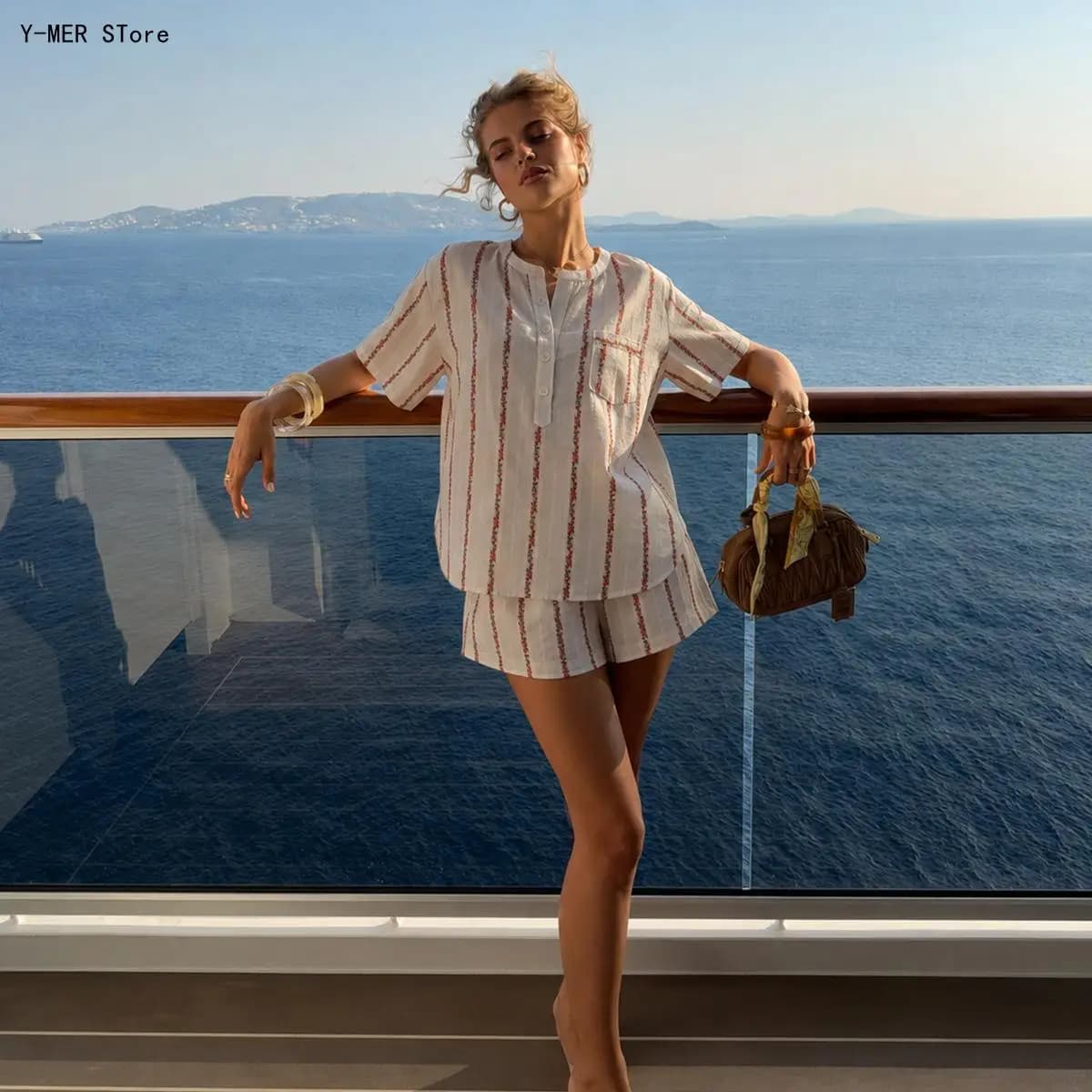 Women European American Summer Pajama Set Short Sleeve Shorts Sweet Slim Fit Soft Skin Friendly Casual Home Loungewear Sleepwear