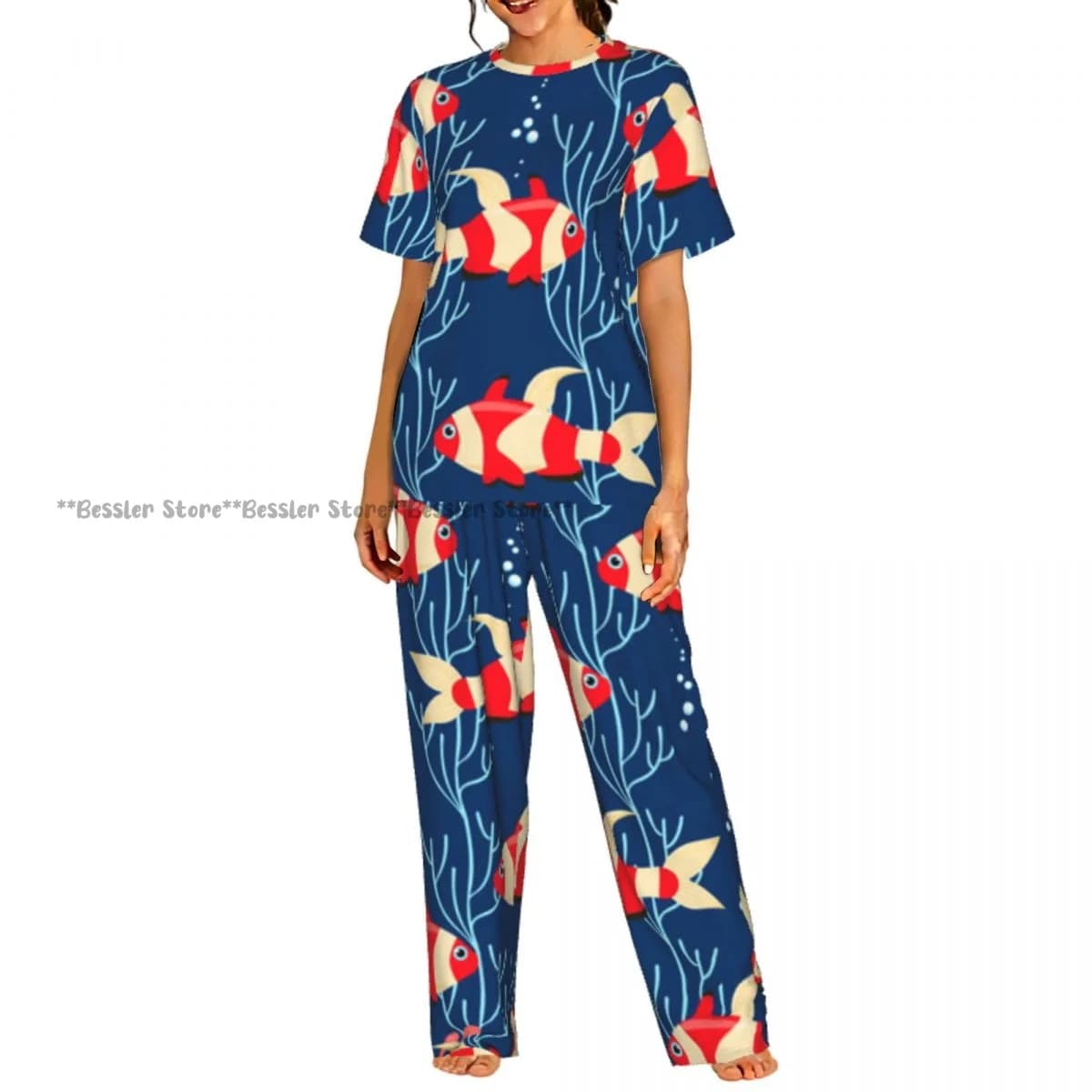 Pigiama comodo da donna, set a maniche corte con motivo pesce marino, abbigliamento da notte