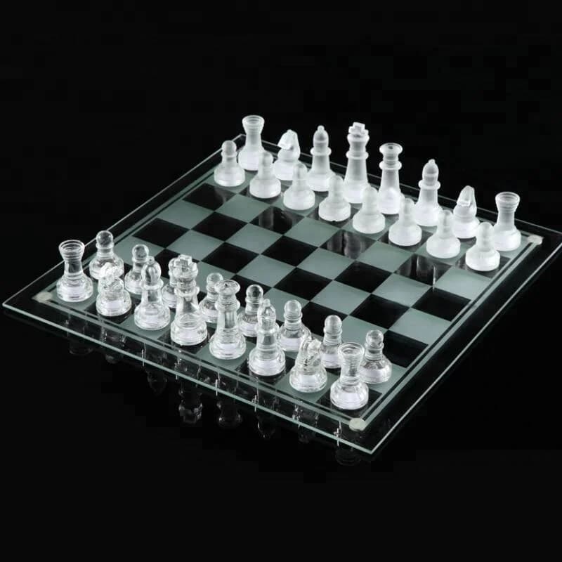 Glass Chess Set and Checker Board Elegant White and Frosted Pieces 7.5"