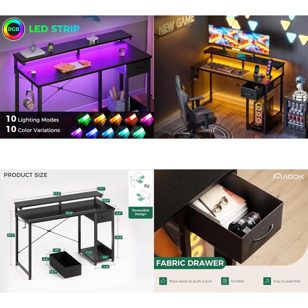 Scrivania da gioco 48 illuminata a LED con archiviazione, scrivania reversibile e supporto per monitor, gancio per cuffie, scrivania per ufficio domestico, nera