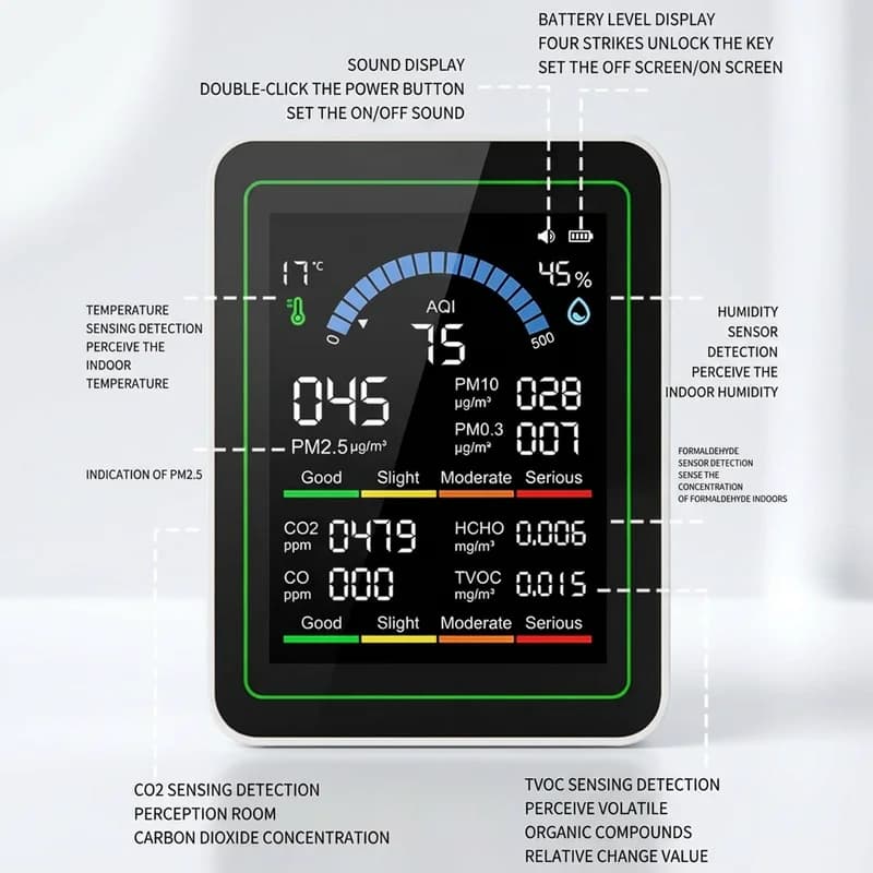 Home Carbon Monoxide Detector CO2 Air Quality Monitor 10-in-1 Dioxide Formaldehyde Temperature and Humidity, 1PC