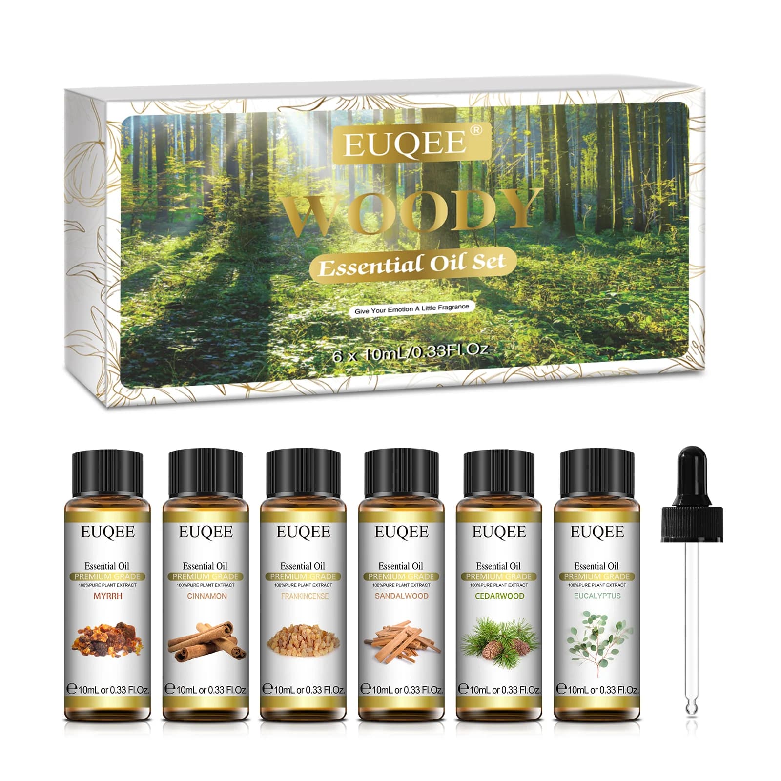 EUQEE 6 pz/set Kit di oli essenziali legnosi per la diffusione sapone fai da te-eucalipto, legno di cedro, sandalo, incenso, cannella, mirra