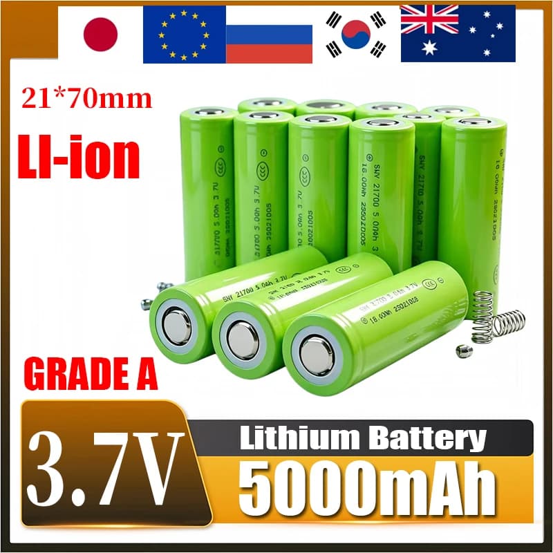 21700 Flat Top Lithium Ion Battery 3.7V 5000mAh Rechargeable Li-ion Cell, Max 3C Charge 5C Instant Discharge, 1000 Cycles For