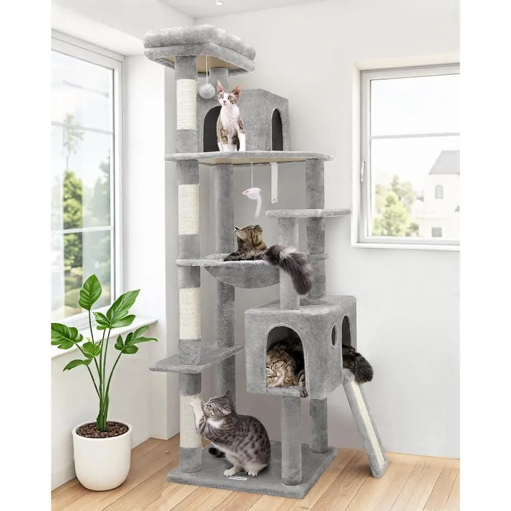 Torre per Gatti da Interno Resistente da 70 Pollici con Tiragraffi, Amaca e Cuccia per Gatti Grandi e Gattini, Grigio Chiaro