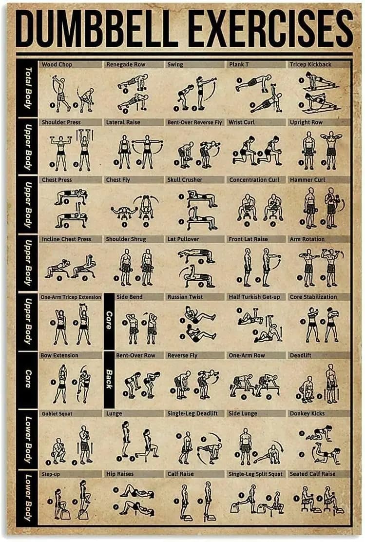 JIUFOTK Dumbbell Exercises Posters Fitness Knowledge Metal Signs Wall Decor Athletes Home Decor Room Decor Club Printing Plaque