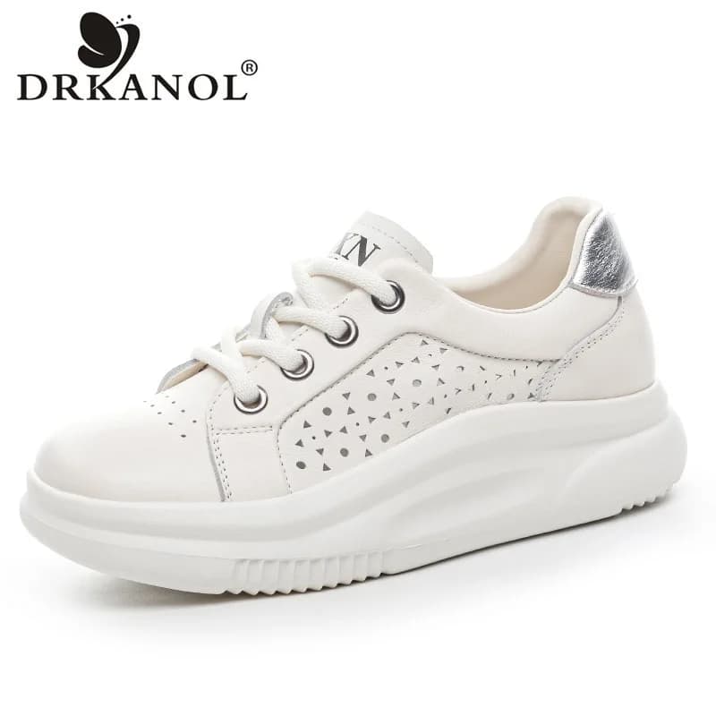 DRKANOL Scarpe casual da donna con suola spessa e plateau Scarpe estive bianche leggere con zeppa stringate in vera pelle traspirante cava