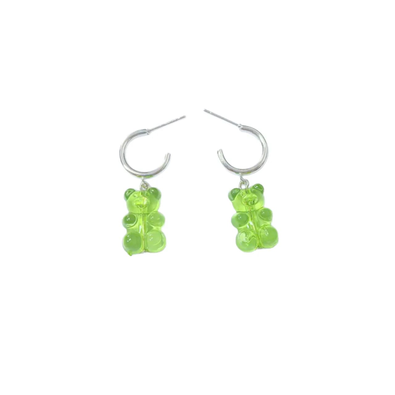 Cute Bear Earrings in Unique Style, Lime Green Jelly Texture with Simple Silver Hoops. Fresh and Youthful, Perfect for Work and Dates