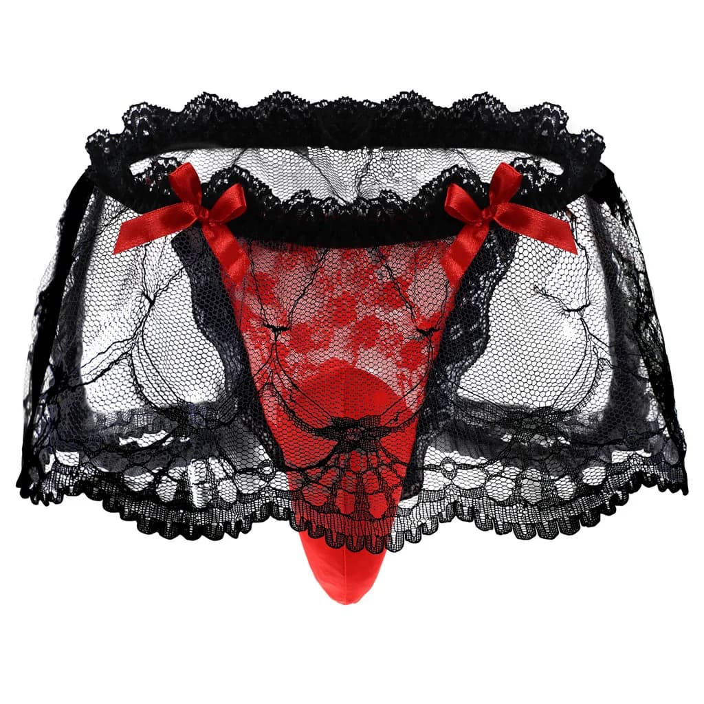 Mutandine intimo uomo Sexy Sissy Gay perizoma a vita alta con gonna in pizzo trasparente 1188