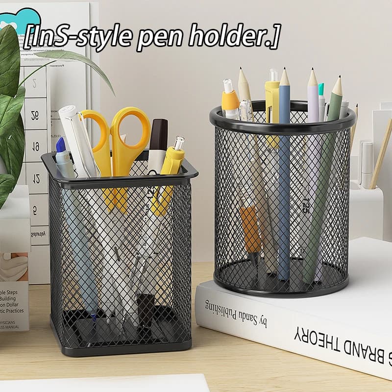 Contenitore per organizer da scrivania Contenitore per penne in metallo da tavolo nero Astuccio per penne con tazza per matite in rete