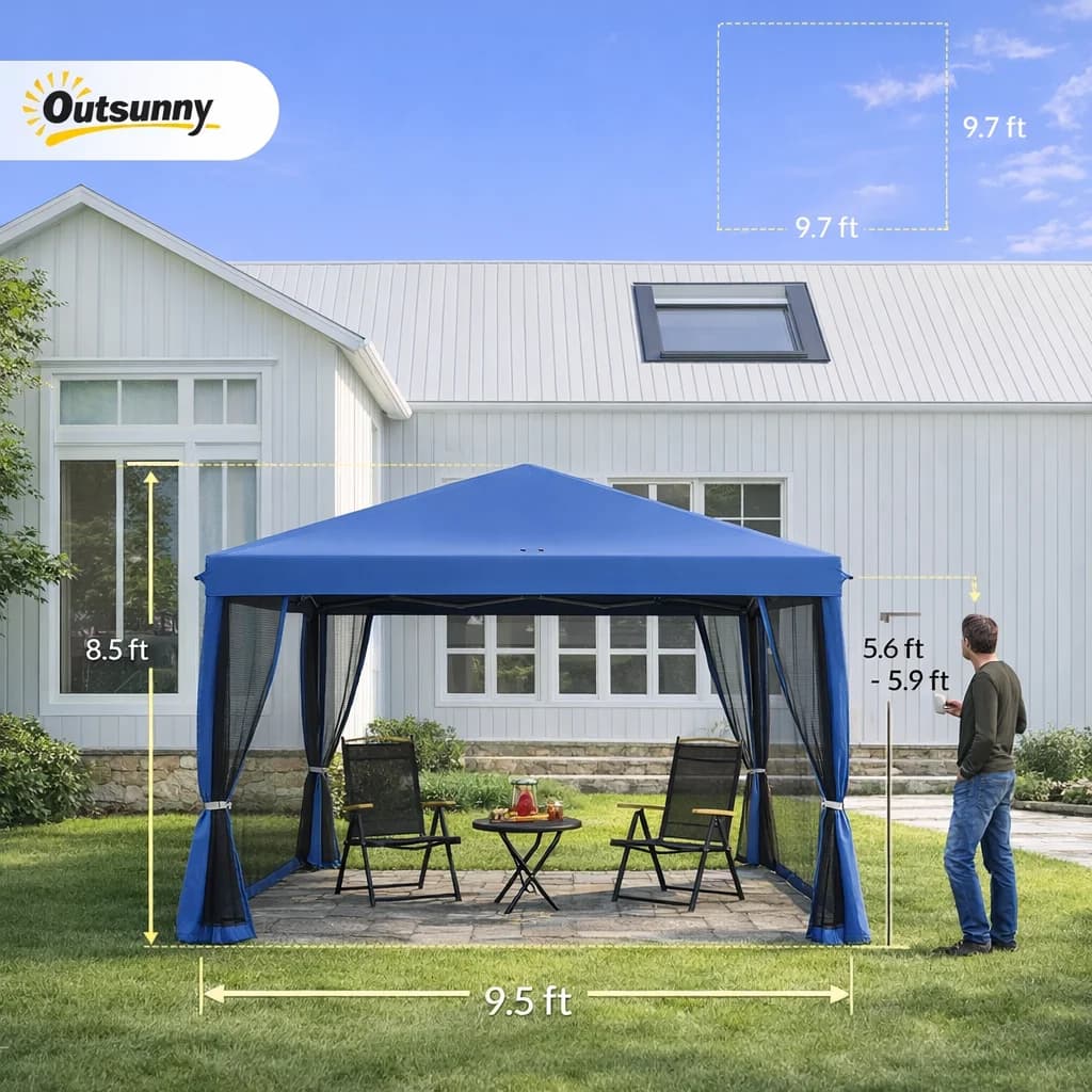 Gazebo Pop-Up 10x10 con Zanzariera, Tenda Istantanea Regolabile in Altezza, Borsa Portatile per Esterni, Patio, Campeggio, Blu