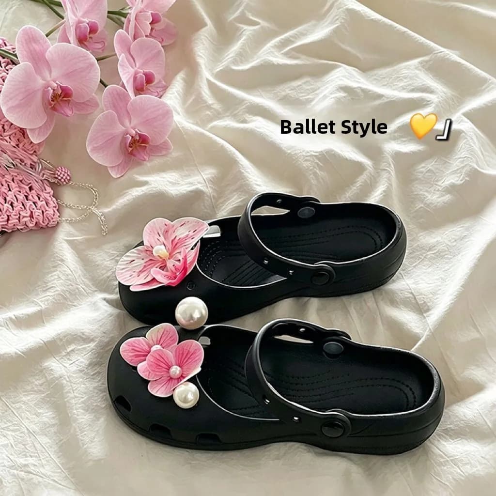 Ballet Style Pearl Flower Head Cover Shoes Women's Summer Casual Indoor Outdoor Slip-On Anti-Slip Beach Sandals Breathable