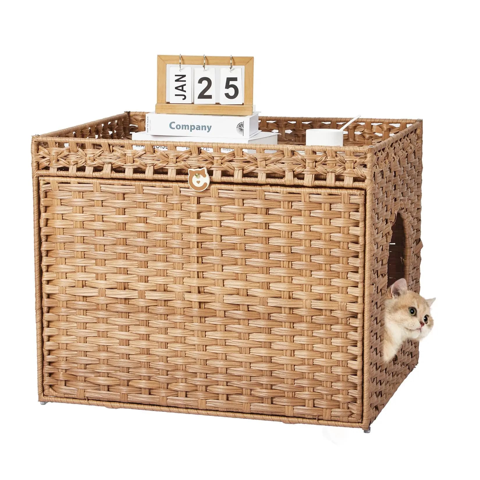 Lettiera per Gatti Nascosta in Rattan Intrecciato a Mano – Grande Mobile Toilette per Gatti da Interno con Tappetino e Recinzione, per Soggiorno o Appartamento
