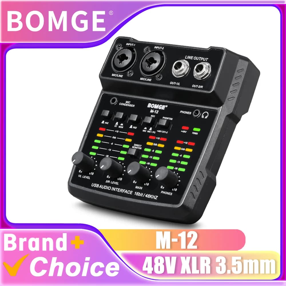 BOMGE M-12 USB Audio Interface, XLR & 3.5mm Mic Jack, PC Recording Sound Card for Home Studio, Ultra-low Latency Plug and Play