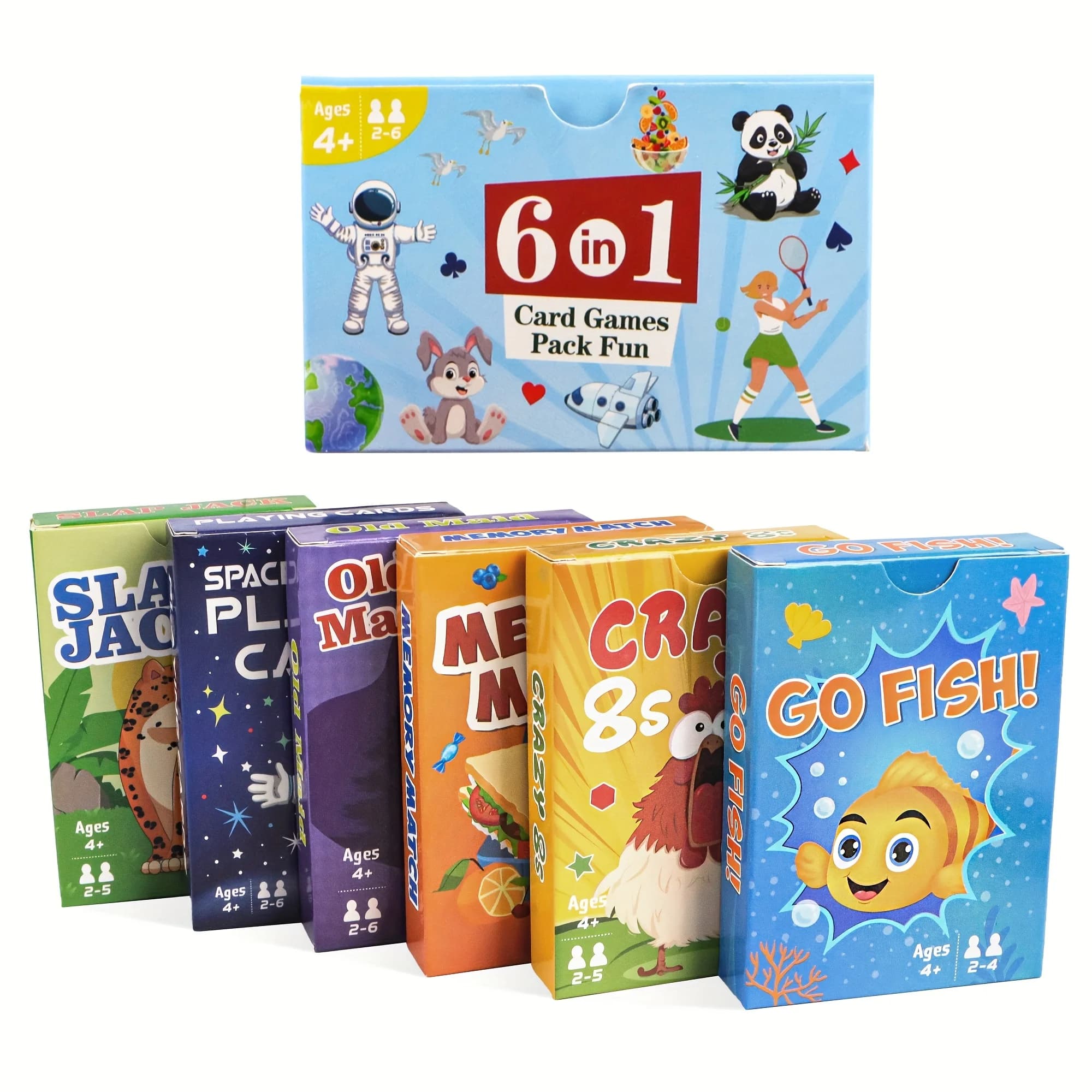 6 in 1 Giochi di Carte per Bambini: Go Fish, Old Maid, Memory Match, Slap Jack, Crazy 8s, Carte Spaziali; Regalo di Compleanno per Bambini