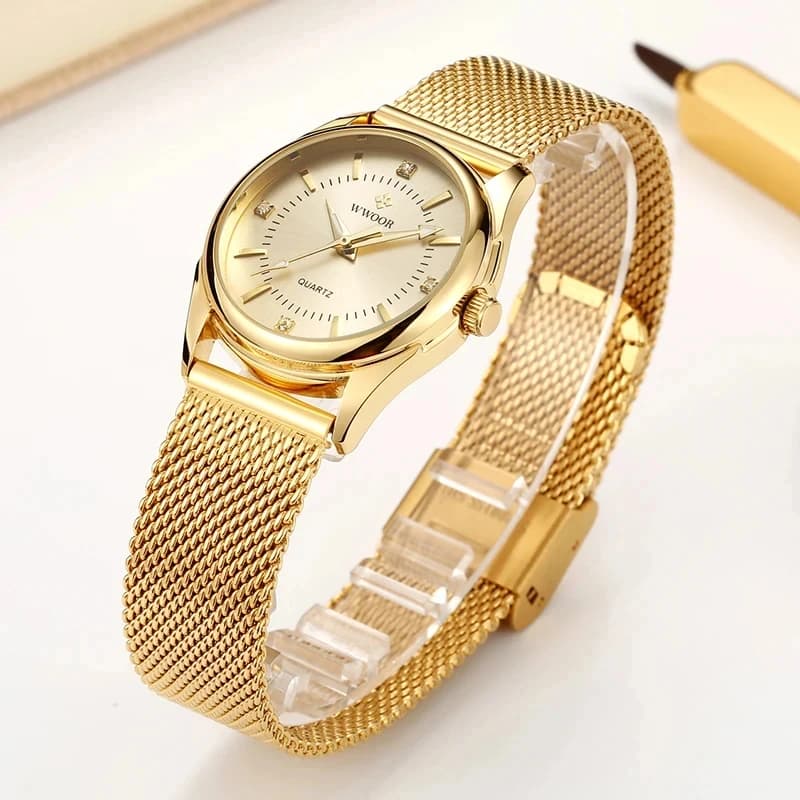 WWOOR Luxury Brand Dress Women's Gold Watch Elegant Diamond Small Quartz Wrist Watch for Women Zegarek Damski Knit Watch