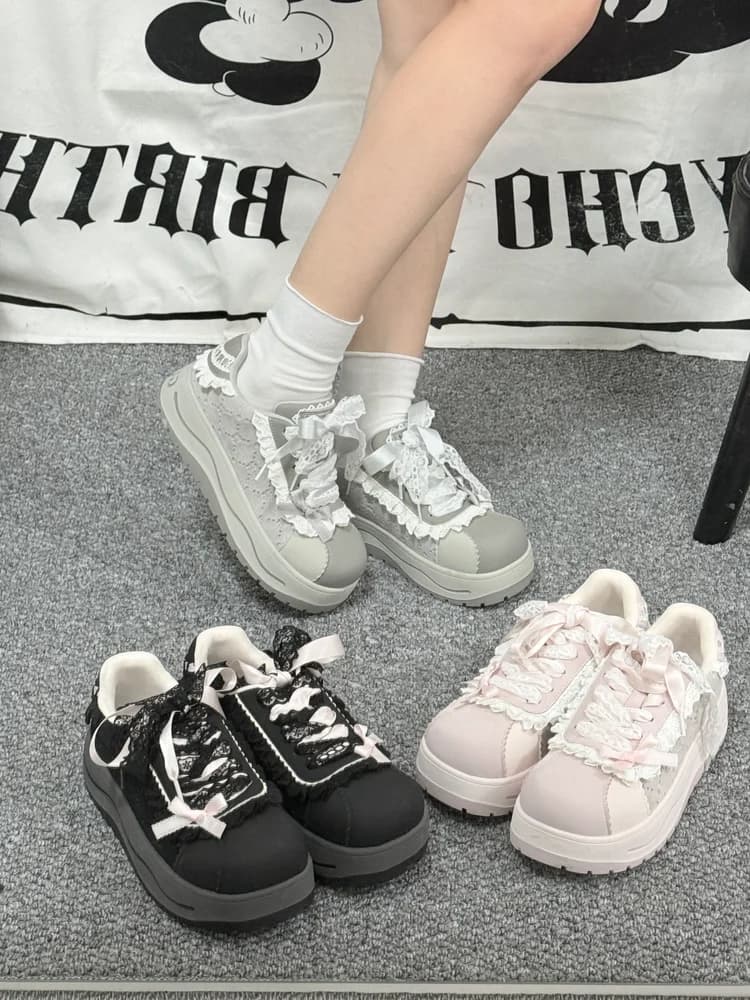 Grey Running Single Shoes Gururu Original Lolita Girls Lace Lace Grey Pink Versatile sneakers with thick sole