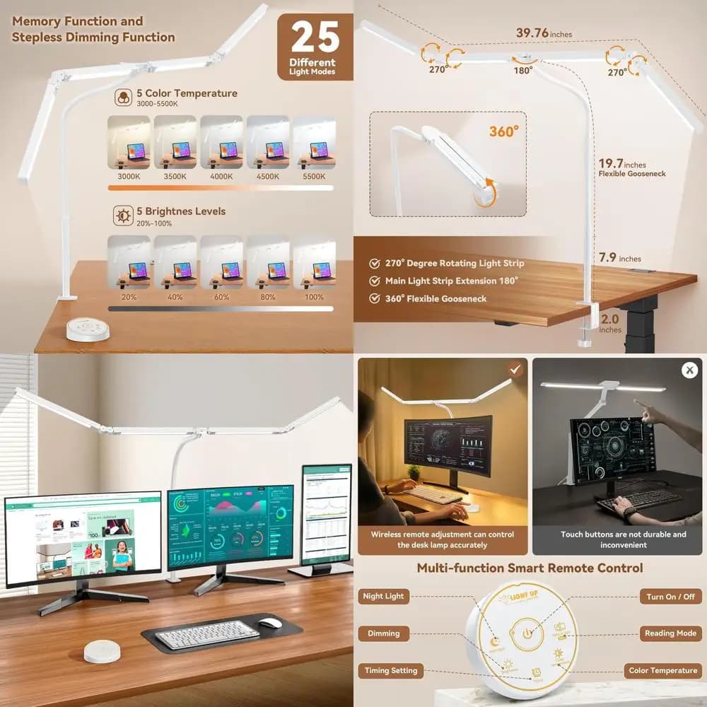 Lampada da scrivania a morsetto per architetti: luce LED ergonomica a doppia testa con telecomando per ufficio domestico, illuminazione da scrivania per monitor - Fl