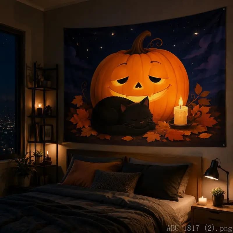 VIKAMA Pumpkin Black Cat Candle Moon Tapestry, Halloween Wall Hanging for Bedroom, Spooky Starry Sky Party Wall Decor