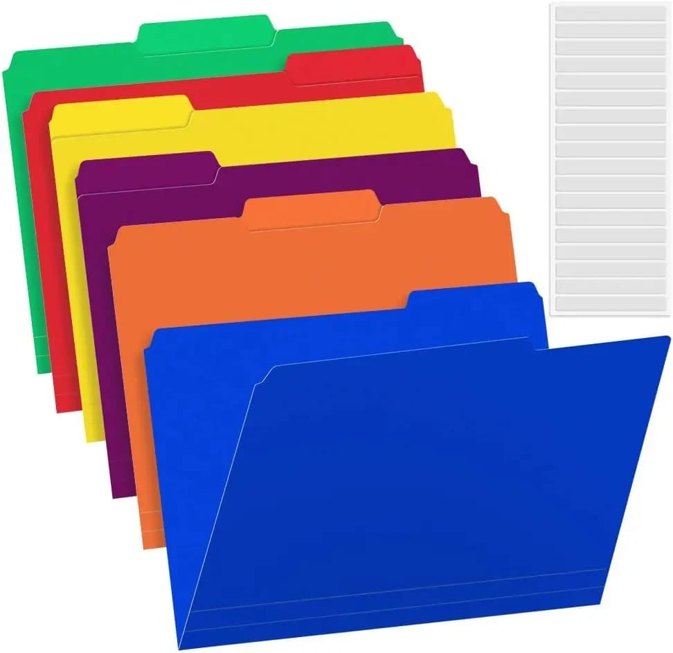 Confezione da 18 cartelle in plastica con etichette adesive per documenti formato Letter, colori assortiti con linguette cancellabili a 1/3 di taglio