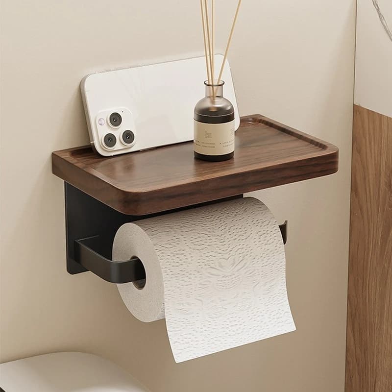 Walnut Wood No Drill Toilet Paper Holder Creative Wall Mount Bathroom Roll Tissue Storage Rack Household Organize