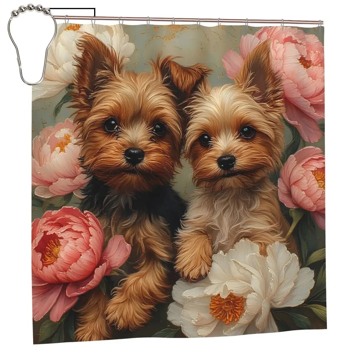 Cortina da doccia con cuccioli di Yorkshire Terrier tra i fiori di peonia, in poliestere impermeabile, con ganci.