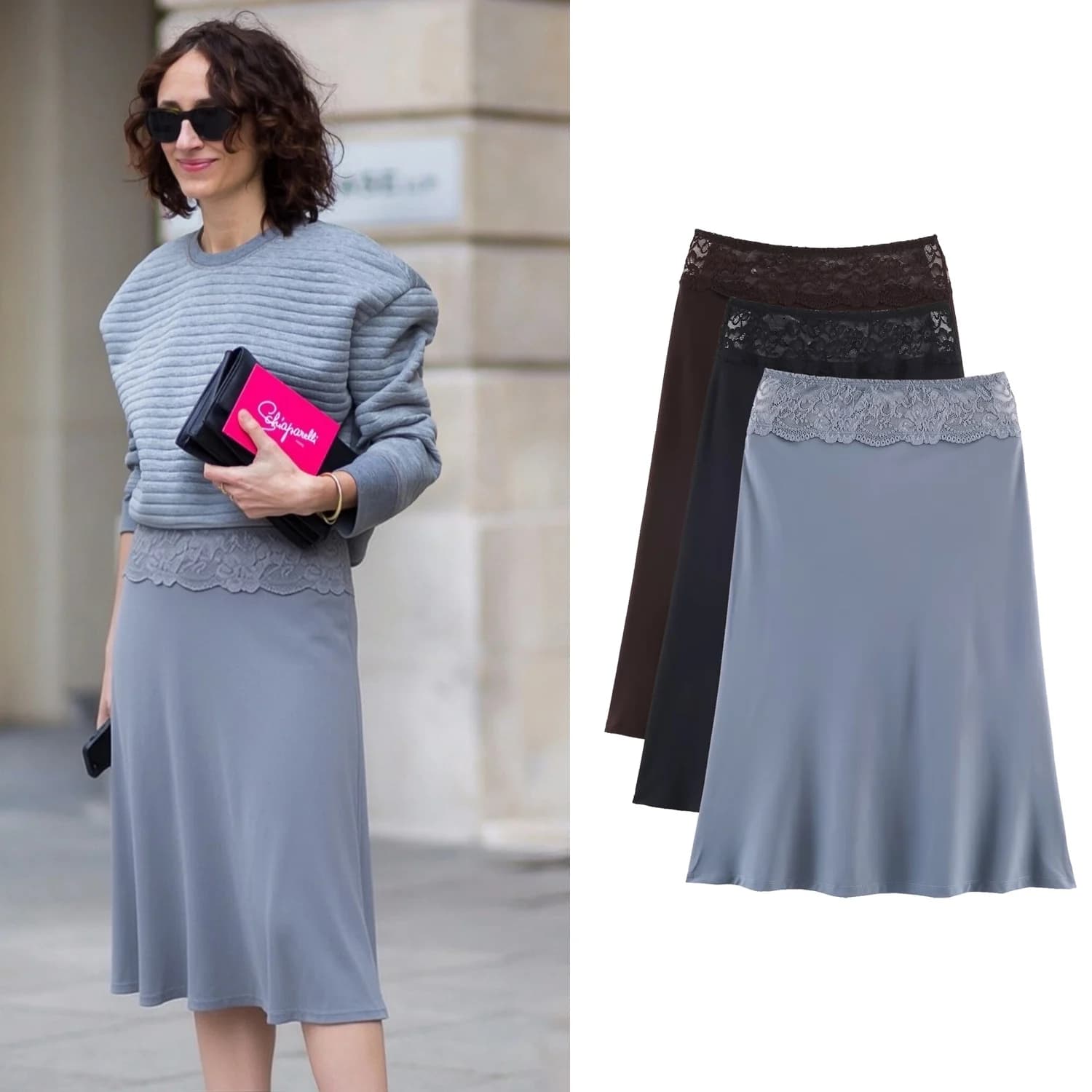 Gonne midi in raso da donna, nuove gonne estive a vita alta con patchwork in pizzo, gonna a trapezio elegante e slim per tutti i giorni
