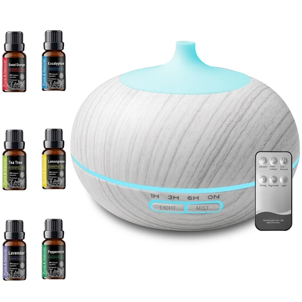 Set Diffusore di Aromi Effetto Legno 550ml - 6 Oli Essenziali, Telecomando, Umidificatore a Ultrasuoni LED 7 Colori, Regalo per Casa e Spa