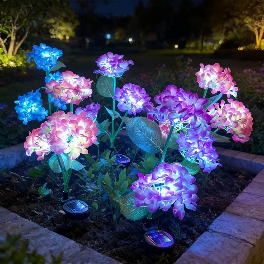 Solar Garden Lamp 3 Heads Shaped Flower of Ortensia, Outdoor Light for Garden, Patio, Country House, Wedding Decorations