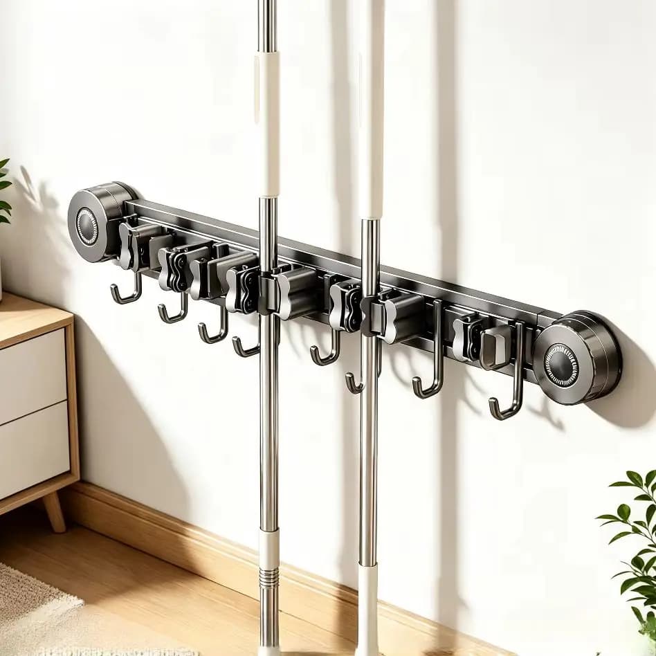 No Drill Wall Mount Mop Clamp Suction Cup Broom Holder Cleaning Tool Storage Hooks