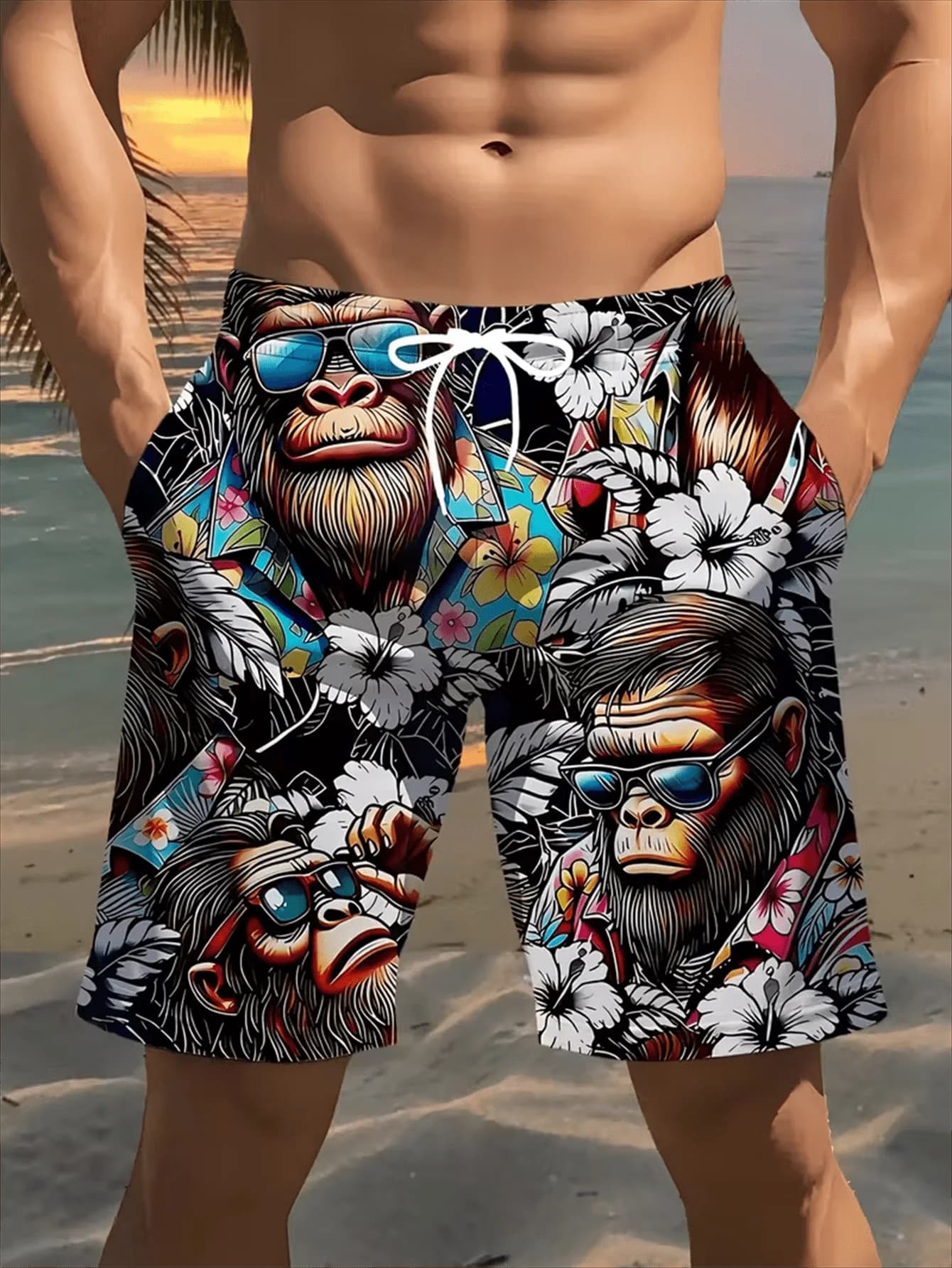 Men's 3D Gorilla Print Beach Shorts - Lightweight Polyester Drawstring Waist Casual Swim Trunks, Suitable For Summer, Golf, Fishing, Basketball, Gym And Outdoor Activities, Bold Graphic Design, Swimwear Shorts