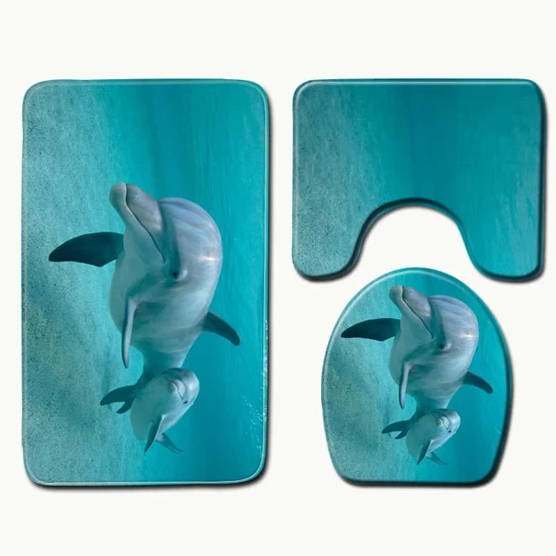 Set di tappetini da bagno con paesaggi naturali da 3 pezzi, tema spiaggia sull'oceano con palme, delfini, pesci e corallo, tappeti per la casa e decorazioni per il bagno