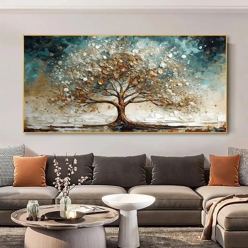 Elegant Abstract Gold and Blue Winter Tree Canvas Painting Rich Landscape Wall Art for Living Room Decor Premium Tree Posters