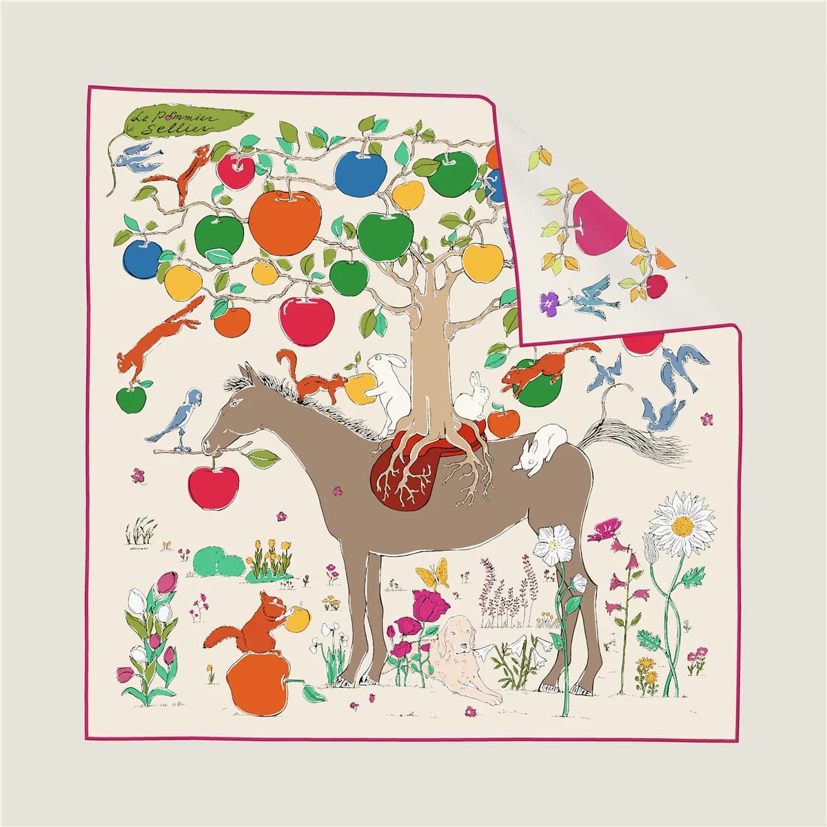 New 90*90cm Double-side Twill Silk Apple-Tree Printed Square Scarf Women Two Sides Scarves Foulards Hijabs