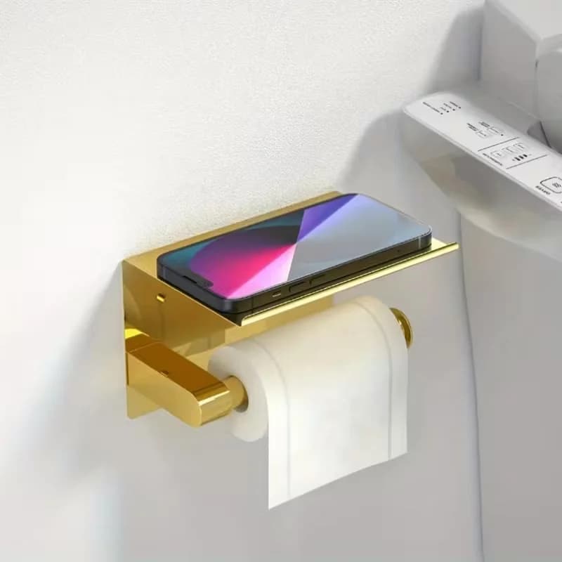 Lussuoso porta carta igienica dorato con ripiano per telefono - Acciaio inossidabile 304, supporto da parete autoadesivo lucido, installazione senza trapano